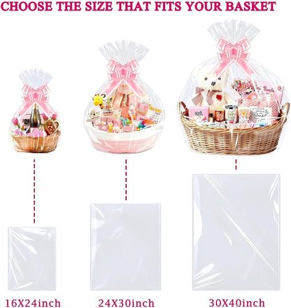 Cellophane Bags for Gift Baskets, 24x30 in, 10 Pack, Pink Bows