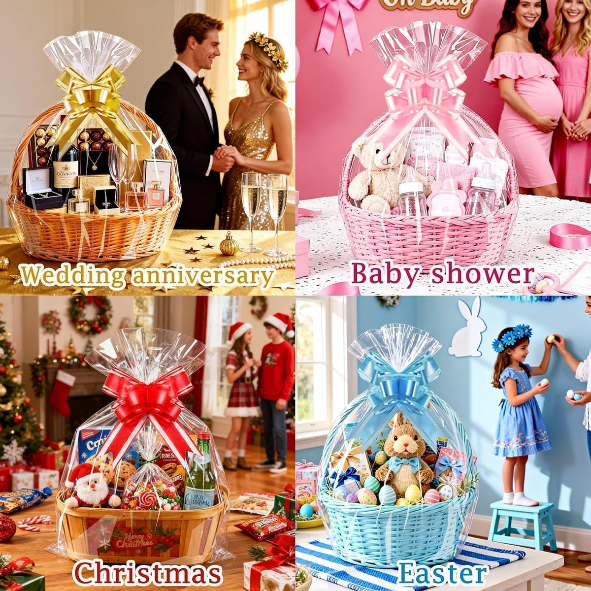 Cellophane Bags for Gift Baskets, 24x30 in, 10 Pack, Pink Bows