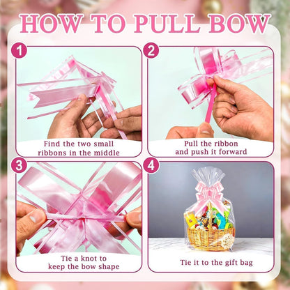 Cellophane Bags for Gift Baskets, 24x30 in, 10 Pack, Pink Bows