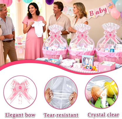 Cellophane Bags for Gift Baskets, 24x30 in, 10 Pack, Pink Bows