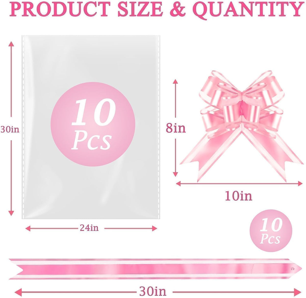 Cellophane Bags for Gift Baskets, 24x30 in, 10 Pack, Pink Bows
