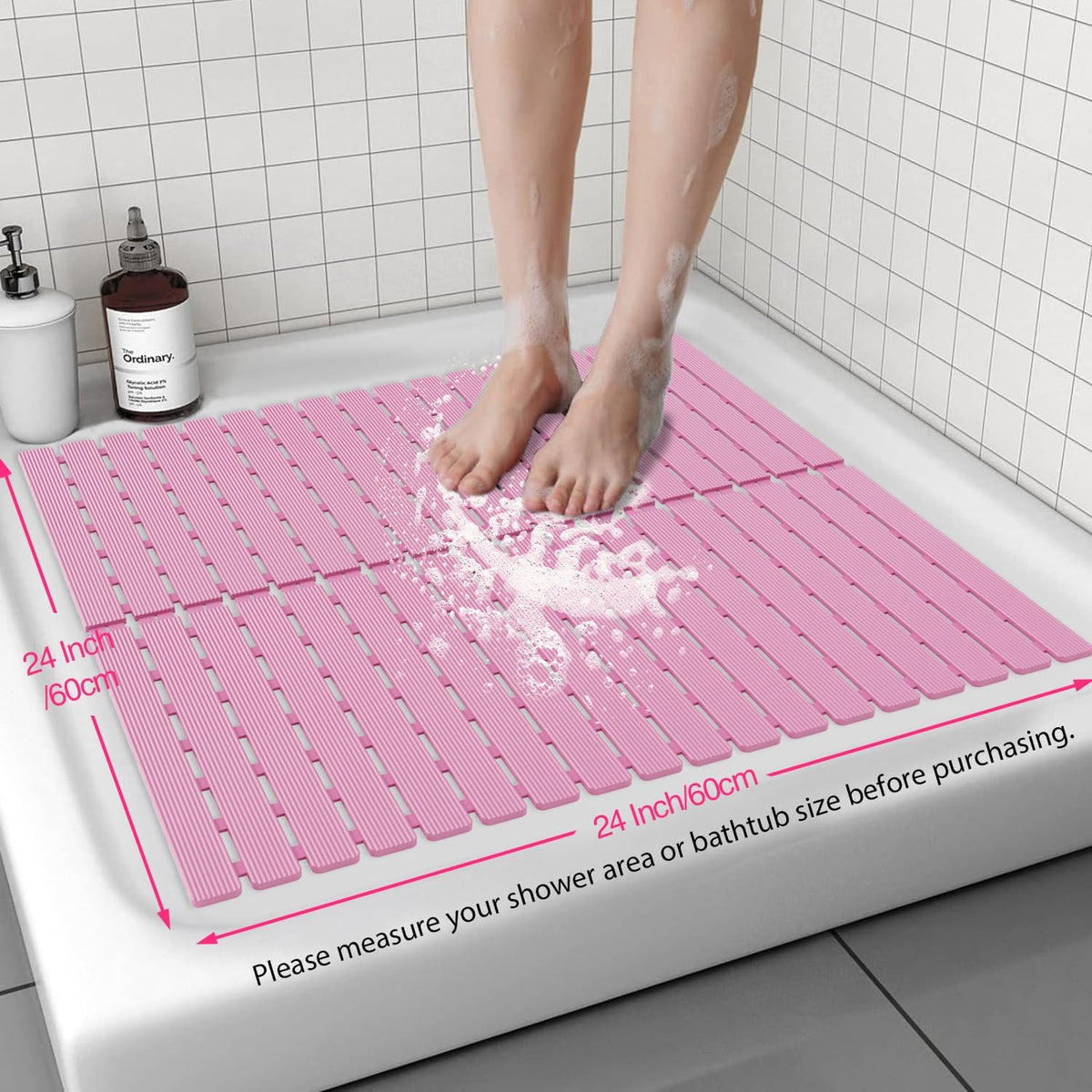 Shower Mat Non-Slip Bath Mat for Tub and Shower Stall,236 Suction Cups with Drain Holes, Quick Dry Machine Washable, Extra Grip for Stand Up Showers, Bathroom Essentials 24x24 Inch (Pink)