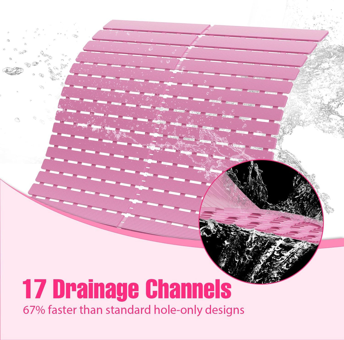 Shower Mat Non-Slip Bath Mat for Tub and Shower Stall,236 Suction Cups with Drain Holes, Quick Dry Machine Washable, Extra Grip for Stand Up Showers, Bathroom Essentials 24x24 Inch (Pink)