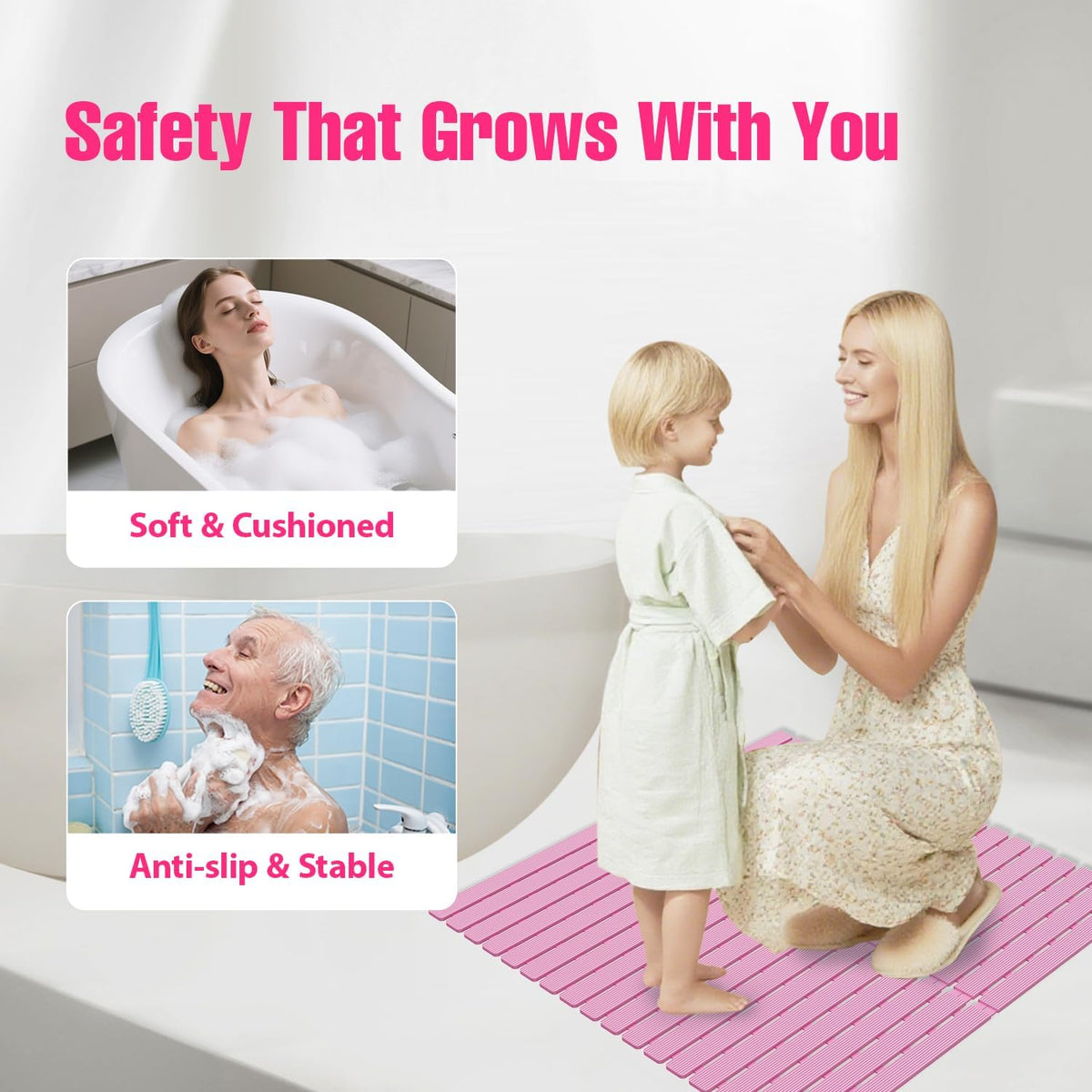 Shower Mat Non-Slip Bath Mat for Tub and Shower Stall,236 Suction Cups with Drain Holes, Quick Dry Machine Washable, Extra Grip for Stand Up Showers, Bathroom Essentials 24x24 Inch (Pink)