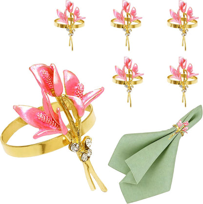 Lily Flower Napkin Rings Set of 6 Pink Enamel & Rhinsetone Floral Napkin Holder for Holiday Gatherings Garden Wedding Party Decor,Elegant Dining Table Setting for Rustic Farmhouse Daily