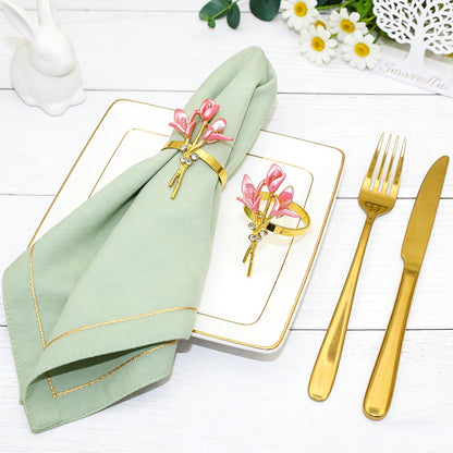 Lily Flower Napkin Rings Set of 6 Pink Enamel & Rhinsetone Floral Napkin Holder for Holiday Gatherings Garden Wedding Party Decor,Elegant Dining Table Setting for Rustic Farmhouse Daily