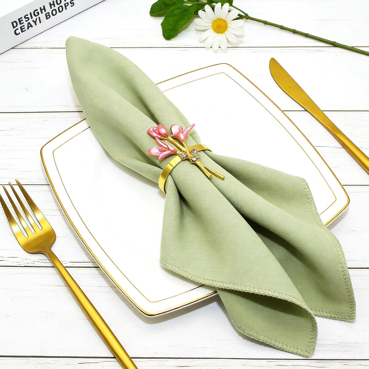 Lily Flower Napkin Rings Set of 6 Pink Enamel & Rhinsetone Floral Napkin Holder for Holiday Gatherings Garden Wedding Party Decor,Elegant Dining Table Setting for Rustic Farmhouse Daily