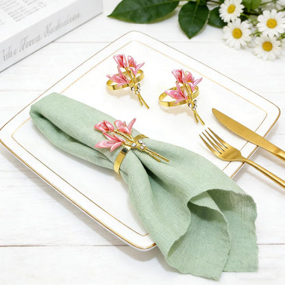 Lily Flower Napkin Rings Set of 6 Pink Enamel & Rhinsetone Floral Napkin Holder for Holiday Gatherings Garden Wedding Party Decor,Elegant Dining Table Setting for Rustic Farmhouse Daily