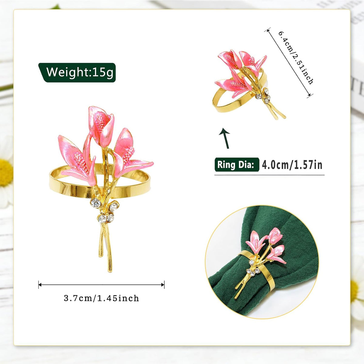 Lily Flower Napkin Rings Set of 6 Pink Enamel & Rhinsetone Floral Napkin Holder for Holiday Gatherings Garden Wedding Party Decor,Elegant Dining Table Setting for Rustic Farmhouse Daily
