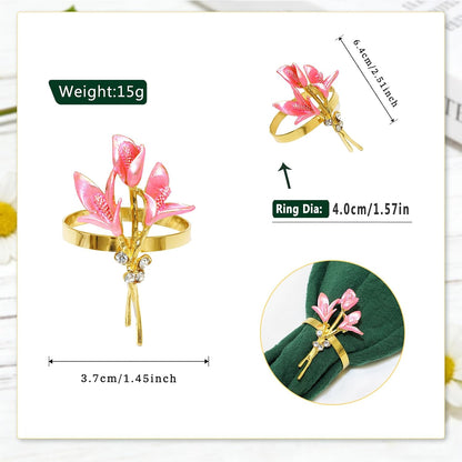 Lily Flower Napkin Rings Set of 6 Pink Enamel & Rhinsetone Floral Napkin Holder for Holiday Gatherings Garden Wedding Party Decor,Elegant Dining Table Setting for Rustic Farmhouse Daily