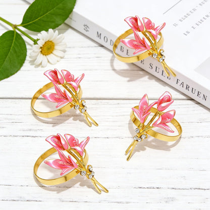 Lily Flower Napkin Rings Set of 6 Pink Enamel & Rhinsetone Floral Napkin Holder for Holiday Gatherings Garden Wedding Party Decor,Elegant Dining Table Setting for Rustic Farmhouse Daily