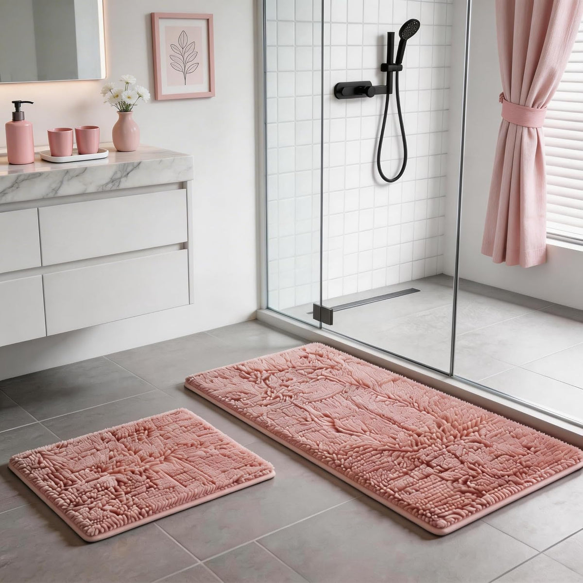 Pink Bathroom Rugs Chenille Bath Mat Set 2-Piece Bath Rugs for Bathroom Extra Soft Bath Mats for Bathoom Non Slip Absorbent Shag Bathoom Carpet