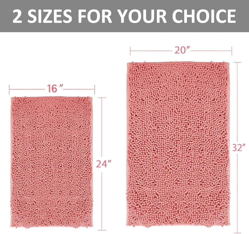 Pink Bathroom Rugs Chenille Bath Mat Set 2-Piece Bath Rugs for Bathroom Extra Soft Bath Mats for Bathoom Non Slip Absorbent Shag Bathoom Carpet