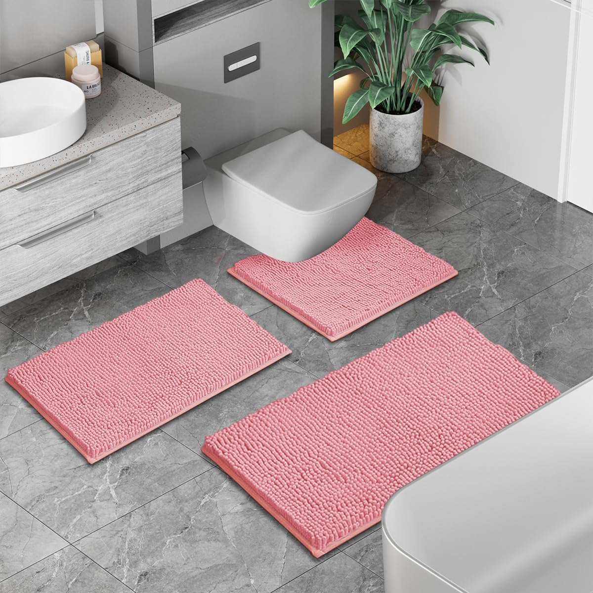 Pink Bathroom Rugs Chenille Bath Mat Set 2-Piece Bath Rugs for Bathroom Extra Soft Bath Mats for Bathoom Non Slip Absorbent Shag Bathoom Carpet