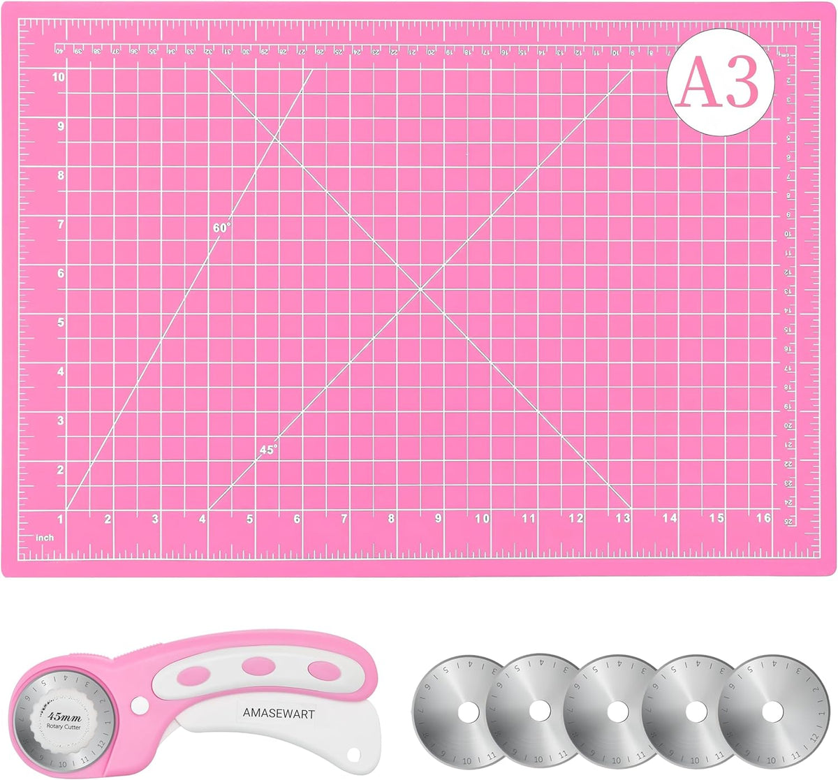 45mm Rotary Cutter and Mat Set, Fabric Cutter Wheel and 12x18 Inch Self Healing Sewing Cutting Mat, Fabric Rotary Cutter with 5pcs Rotary Blades for Quilting Patchworking Crafts, Pink
