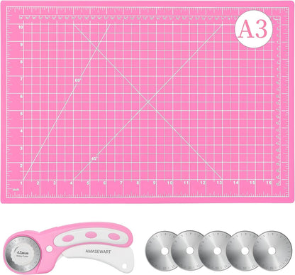 45mm Rotary Cutter and Mat Set, Fabric Cutter Wheel and 12x18 Inch Self Healing Sewing Cutting Mat, Fabric Rotary Cutter with 5pcs Rotary Blades for Quilting Patchworking Crafts, Pink