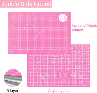 45mm Rotary Cutter and Mat Set, Fabric Cutter Wheel and 12x18 Inch Self Healing Sewing Cutting Mat, Fabric Rotary Cutter with 5pcs Rotary Blades for Quilting Patchworking Crafts, Pink