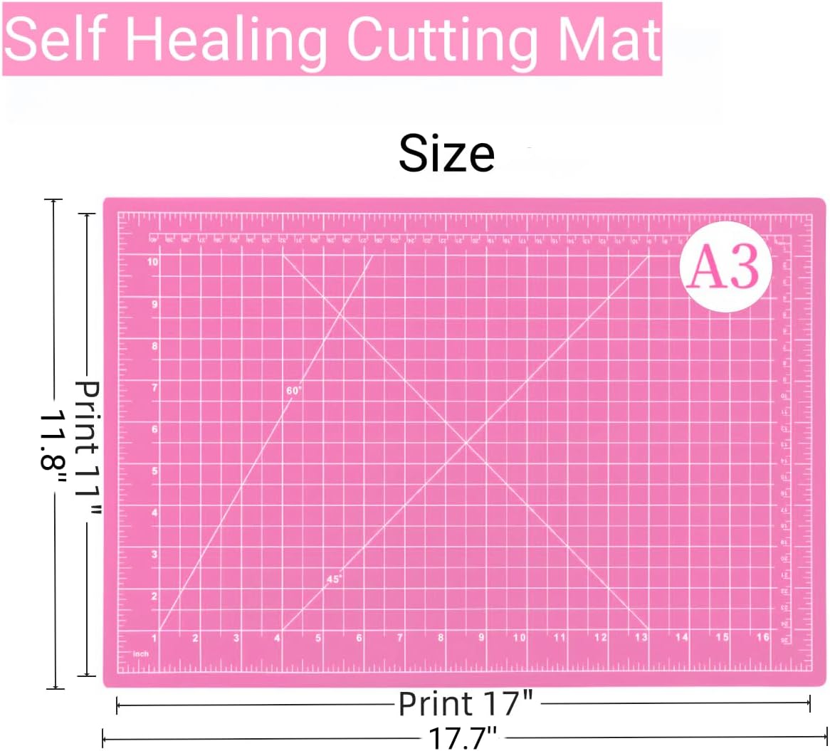 45mm Rotary Cutter and Mat Set, Fabric Cutter Wheel and 12x18 Inch Self Healing Sewing Cutting Mat, Fabric Rotary Cutter with 5pcs Rotary Blades for Quilting Patchworking Crafts, Pink