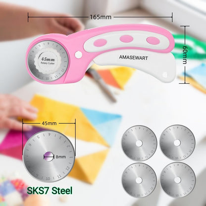45mm Rotary Cutter and Mat Set, Fabric Cutter Wheel and 12x18 Inch Self Healing Sewing Cutting Mat, Fabric Rotary Cutter with 5pcs Rotary Blades for Quilting Patchworking Crafts, Pink