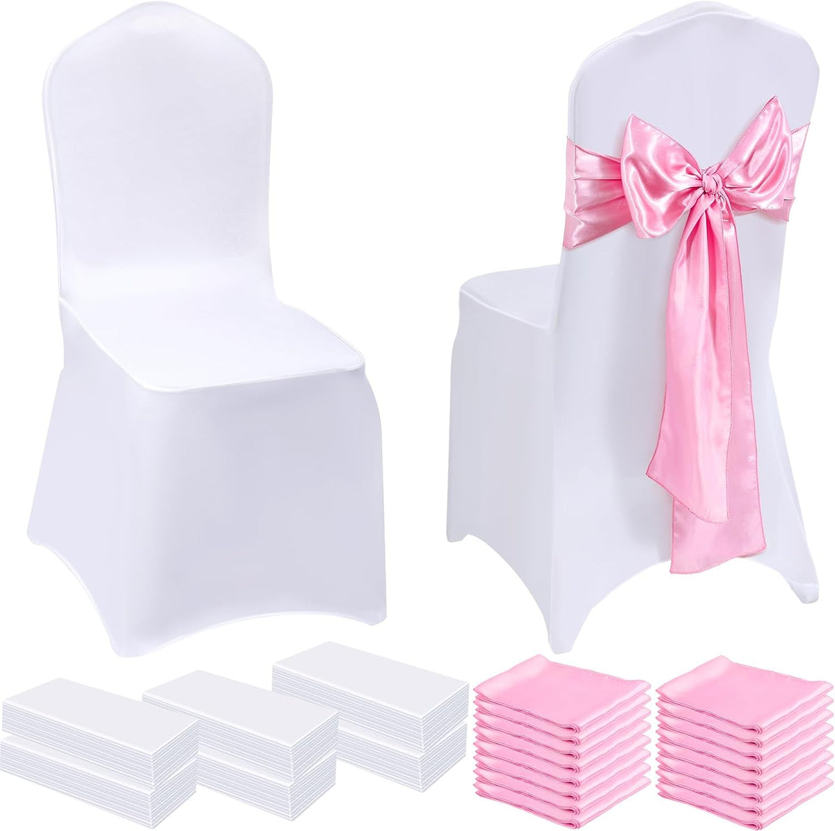 100 Pcs White Chair Covers Set with 50 Stretch Spandex Chair Covers 50 Chairs Sashes Bows Universal Fitted Cover Removable Washable for Wedding Party Dining Banquet(White, Pink)
