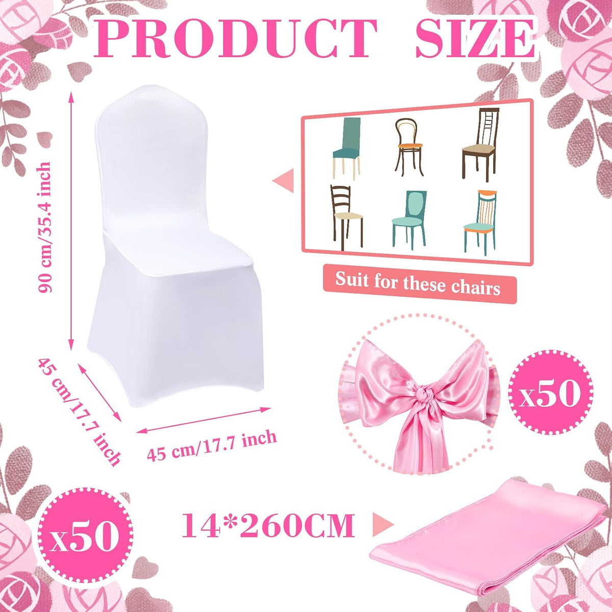 100 Pcs White Chair Covers Set with 50 Stretch Spandex Chair Covers 50 Chairs Sashes Bows Universal Fitted Cover Removable Washable for Wedding Party Dining Banquet(White, Pink)