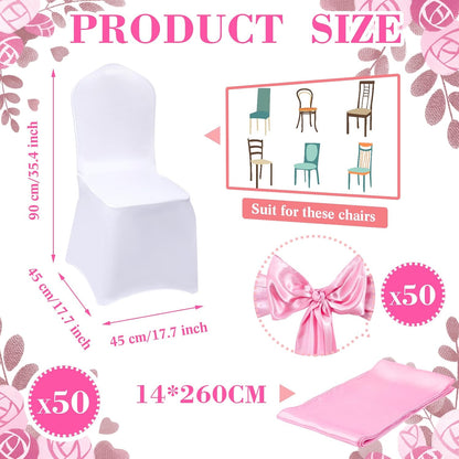 100 Pcs White Chair Covers Set with 50 Stretch Spandex Chair Covers 50 Chairs Sashes Bows Universal Fitted Cover Removable Washable for Wedding Party Dining Banquet(White, Pink)