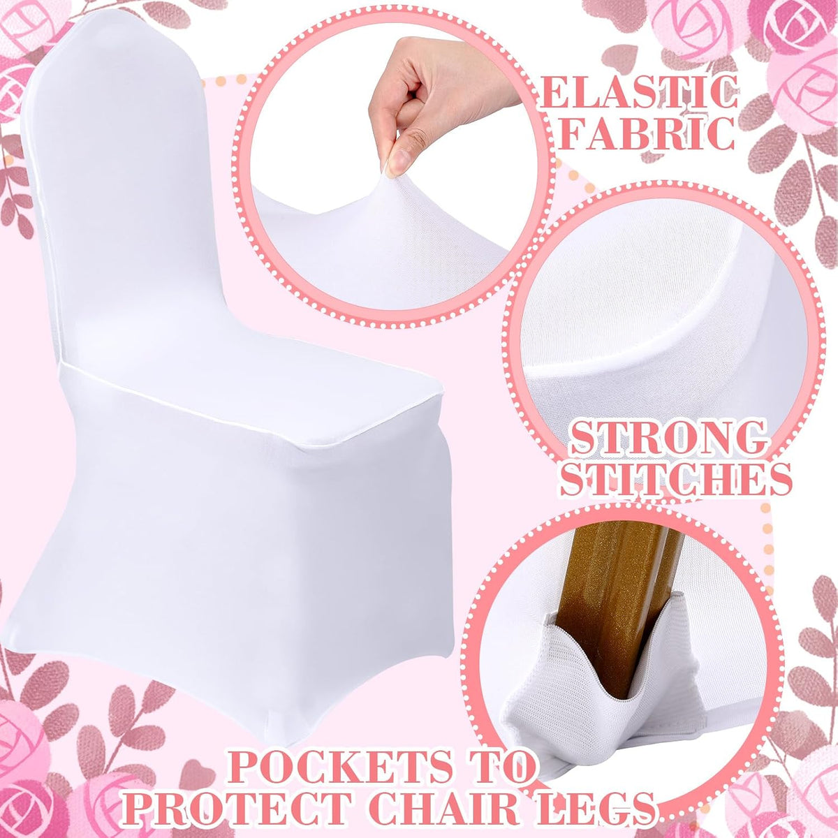 100 Pcs White Chair Covers Set with 50 Stretch Spandex Chair Covers 50 Chairs Sashes Bows Universal Fitted Cover Removable Washable for Wedding Party Dining Banquet(White, Pink)