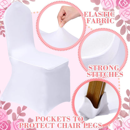 100 Pcs White Chair Covers Set with 50 Stretch Spandex Chair Covers 50 Chairs Sashes Bows Universal Fitted Cover Removable Washable for Wedding Party Dining Banquet(White, Pink)
