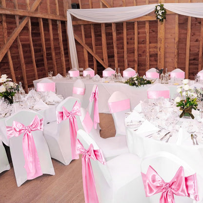 100 Pcs White Chair Covers Set with 50 Stretch Spandex Chair Covers 50 Chairs Sashes Bows Universal Fitted Cover Removable Washable for Wedding Party Dining Banquet(White, Pink)