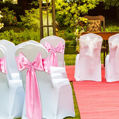 100 Pcs White Chair Covers Set with 50 Stretch Spandex Chair Covers 50 Chairs Sashes Bows Universal Fitted Cover Removable Washable for Wedding Party Dining Banquet(White, Pink)