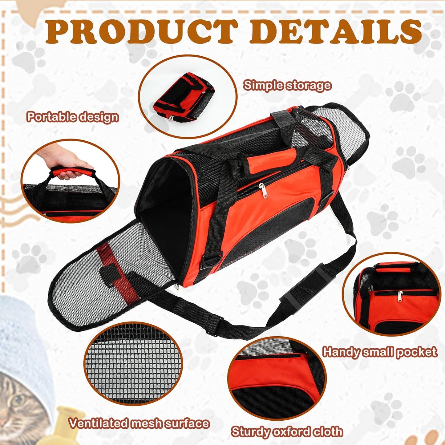 6 Pcs Cat Carrier 16.9 x 9.6 x 8.3 Inch Portable Soft-Sided Pet Carrying Bag Comfortable Foldable Bag for Small Pet Travel Under 6.6 Lbs Cat (6 Colors)