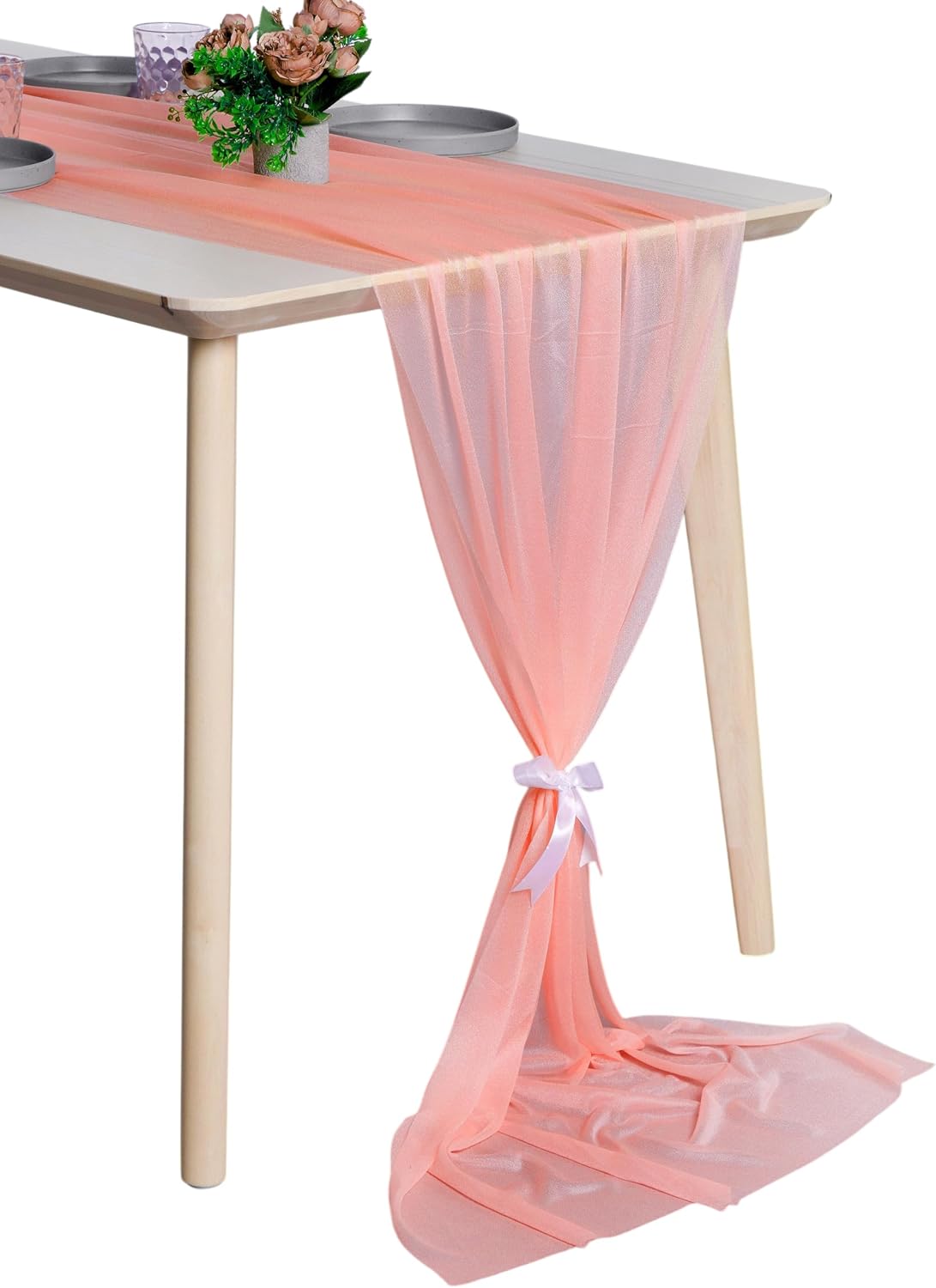 ® Pack of 5, 14ft Chiffon Table Runner 29 x 170 Inches, Sheer Wedding Runner Romantic Rustic Table Runner for Wedding Decoration, Birthday Party, Bridal Shower, Party Arch Décor - Peach