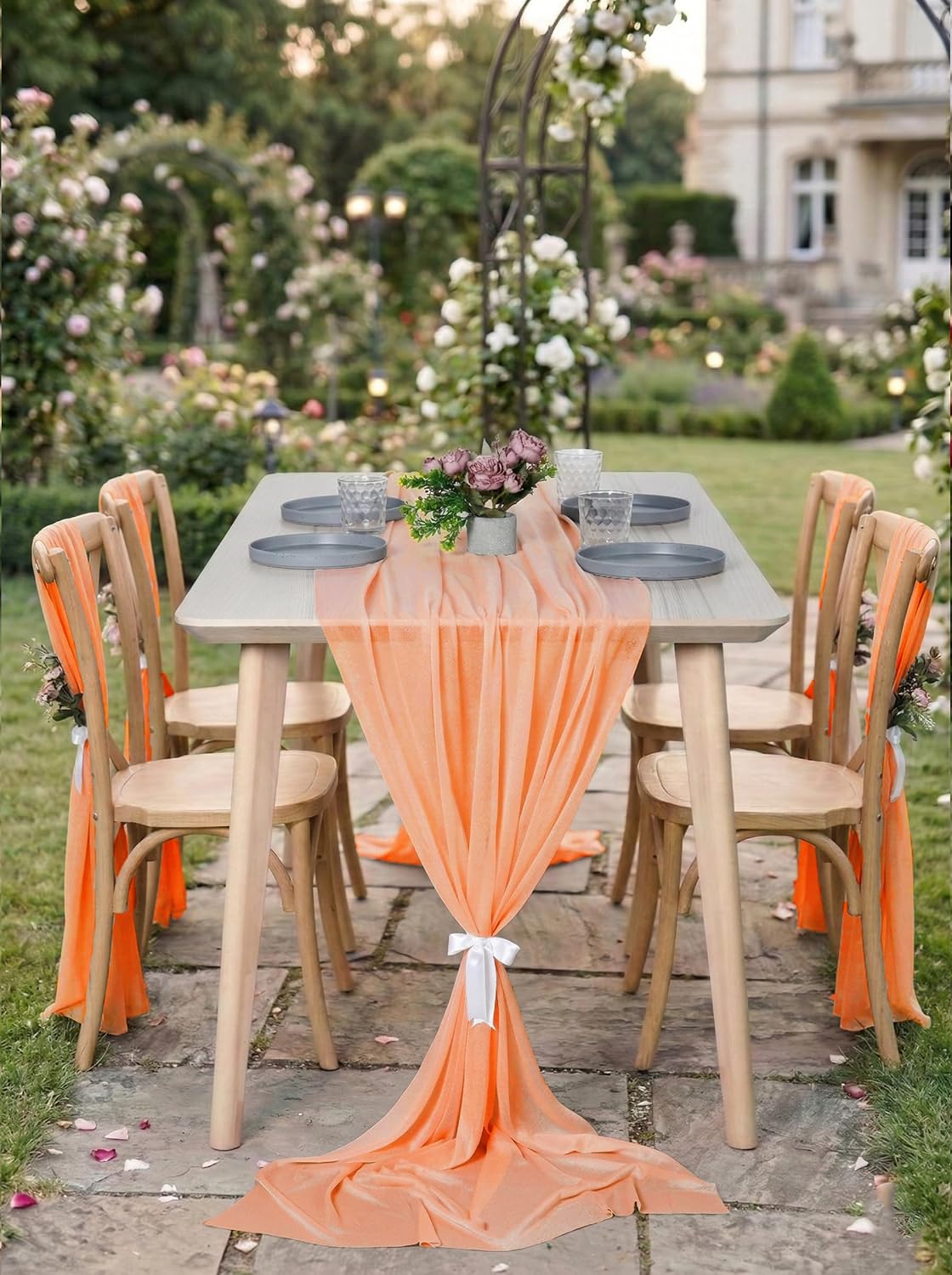 ® Pack of 5, 14ft Chiffon Table Runner 29 x 170 Inches, Sheer Wedding Runner Romantic Rustic Table Runner for Wedding Decoration, Birthday Party, Bridal Shower, Party Arch Décor - Peach