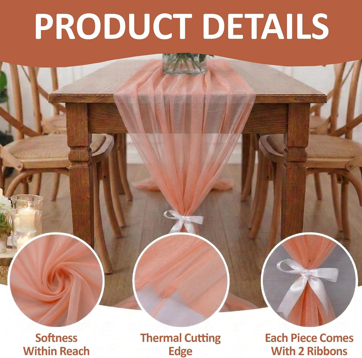 ® Pack of 5, 14ft Chiffon Table Runner 29 x 170 Inches, Sheer Wedding Runner Romantic Rustic Table Runner for Wedding Decoration, Birthday Party, Bridal Shower, Party Arch Décor - Peach
