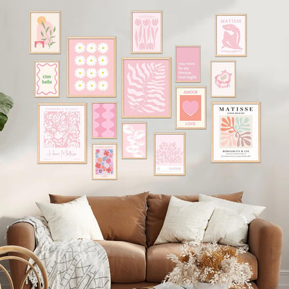 15 Pcs Pink Wall Decor Aesthetic Pictures, Abstract Danish Pastel Prins, Matisse Wall Art Pink Posters for Room Aesthetic, Light Pink Dorm Wall Decor for College Girls Bedroom (8x10 Unframed)