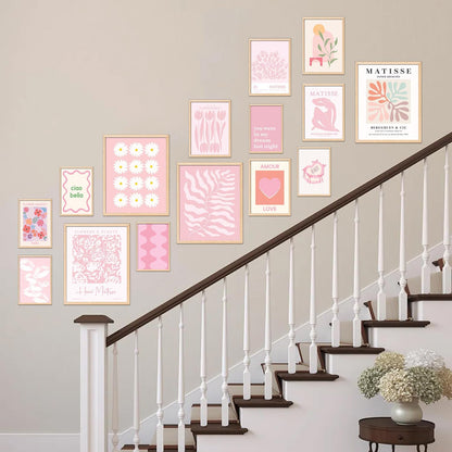 15 Pcs Pink Wall Decor Aesthetic Pictures, Abstract Danish Pastel Prins, Matisse Wall Art Pink Posters for Room Aesthetic, Light Pink Dorm Wall Decor for College Girls Bedroom (8x10 Unframed)