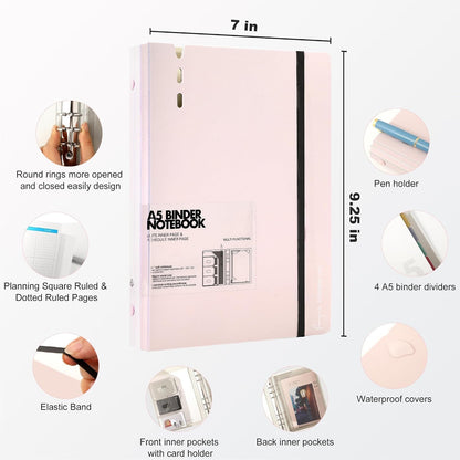 A5 Binder 6 Ring Refillable Notebook with Dividers & Pockets