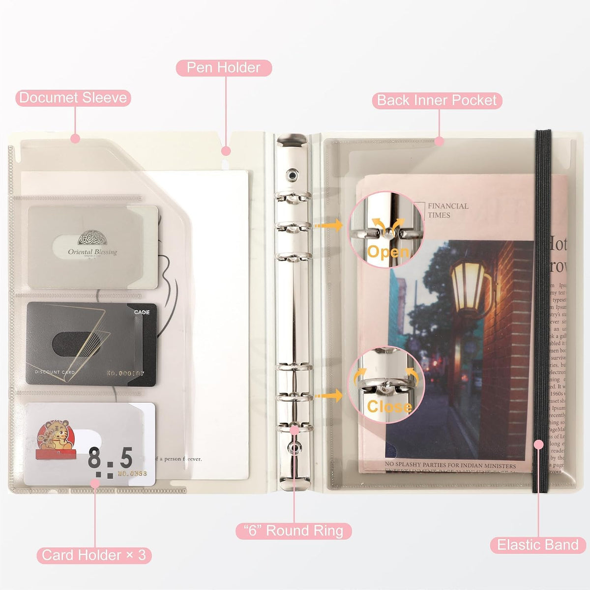 A5 Binder 6 Ring Refillable Notebook with Dividers & Pockets