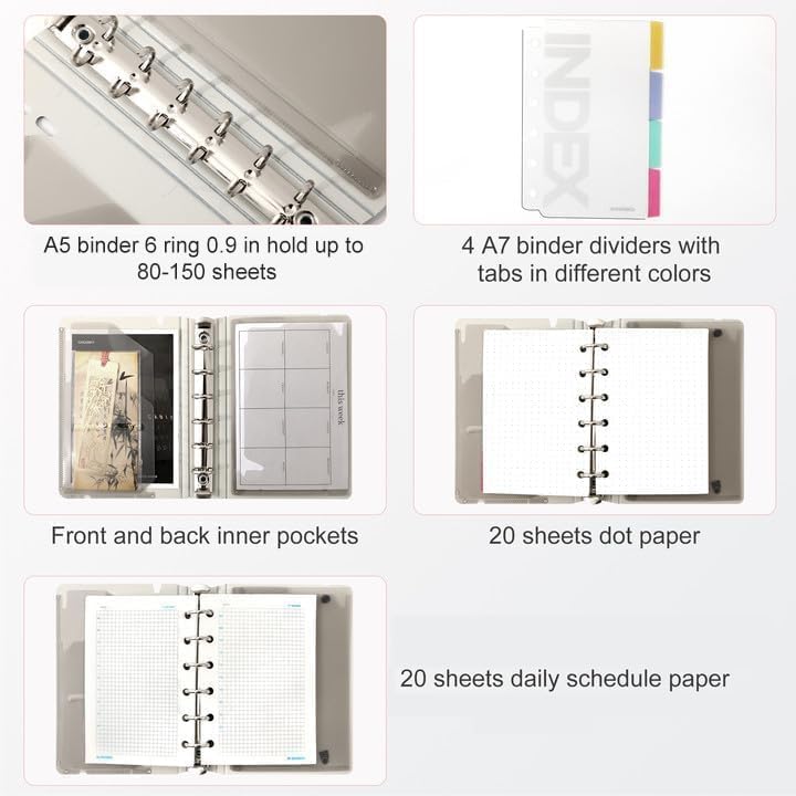 A5 Binder 6 Ring Refillable Notebook with Dividers & Pockets