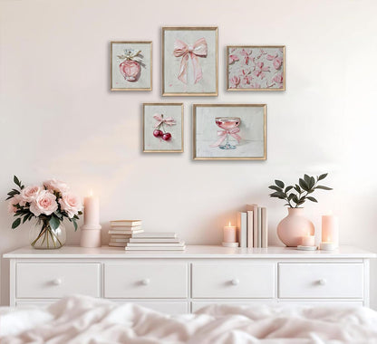 5Pcs Pink Bows Wall Art Trendy Preppy Room Wall Decor 8x10in Unframed