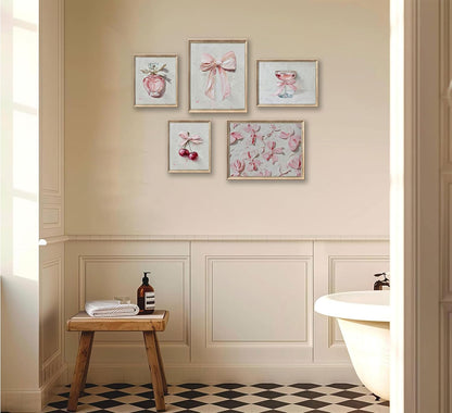 5Pcs Pink Bows Wall Art Trendy Preppy Room Wall Decor 8x10in Unframed