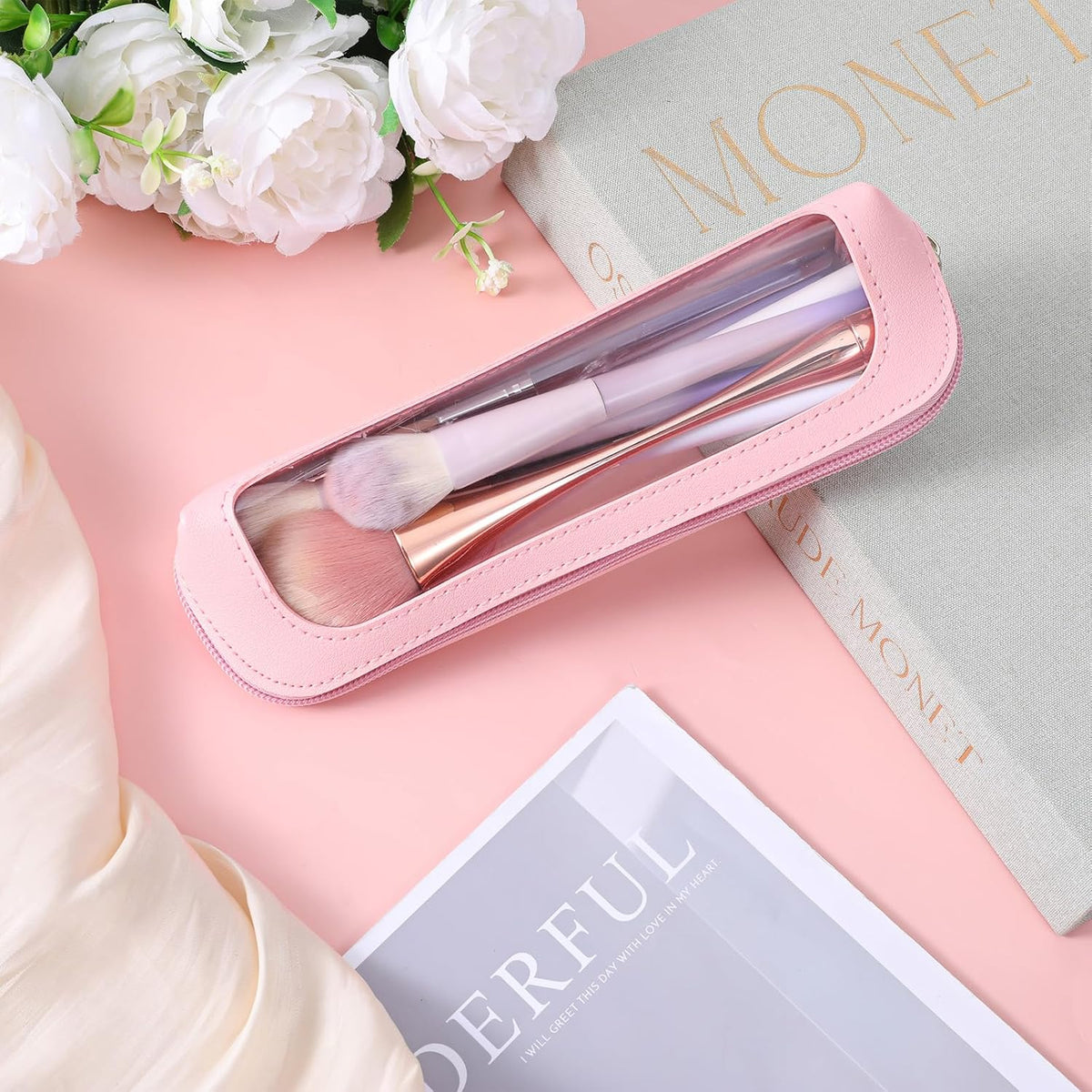 Small Clear Makeup Bag, PU Leather Travel Makeup Brush Bag Portable Transparent Waterproof Cosmetic Organizer Pouch with Zipper for Women Home Travel Office Cosmetic Storage (Pink)