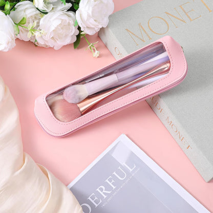 Small Clear Makeup Bag, PU Leather Travel Makeup Brush Bag Portable Transparent Waterproof Cosmetic Organizer Pouch with Zipper for Women Home Travel Office Cosmetic Storage (Pink)