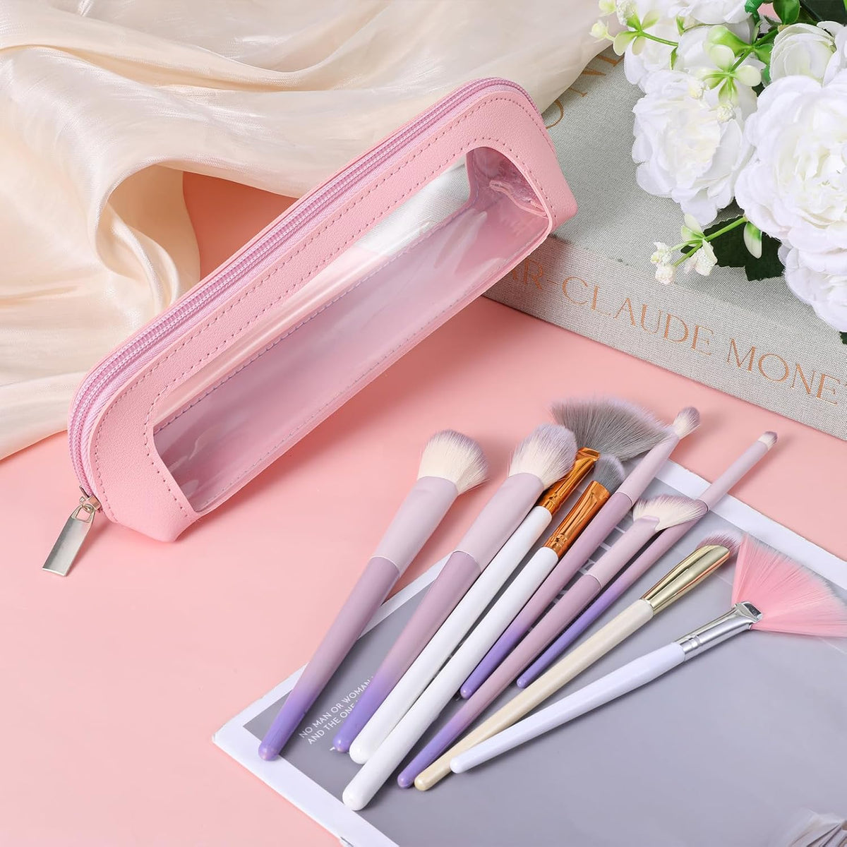 Small Clear Makeup Bag, PU Leather Travel Makeup Brush Bag Portable Transparent Waterproof Cosmetic Organizer Pouch with Zipper for Women Home Travel Office Cosmetic Storage (Pink)