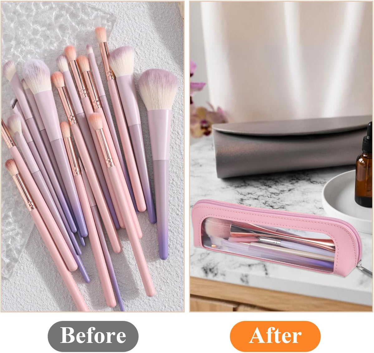 Small Clear Makeup Bag, PU Leather Travel Makeup Brush Bag Portable Transparent Waterproof Cosmetic Organizer Pouch with Zipper for Women Home Travel Office Cosmetic Storage (Pink)