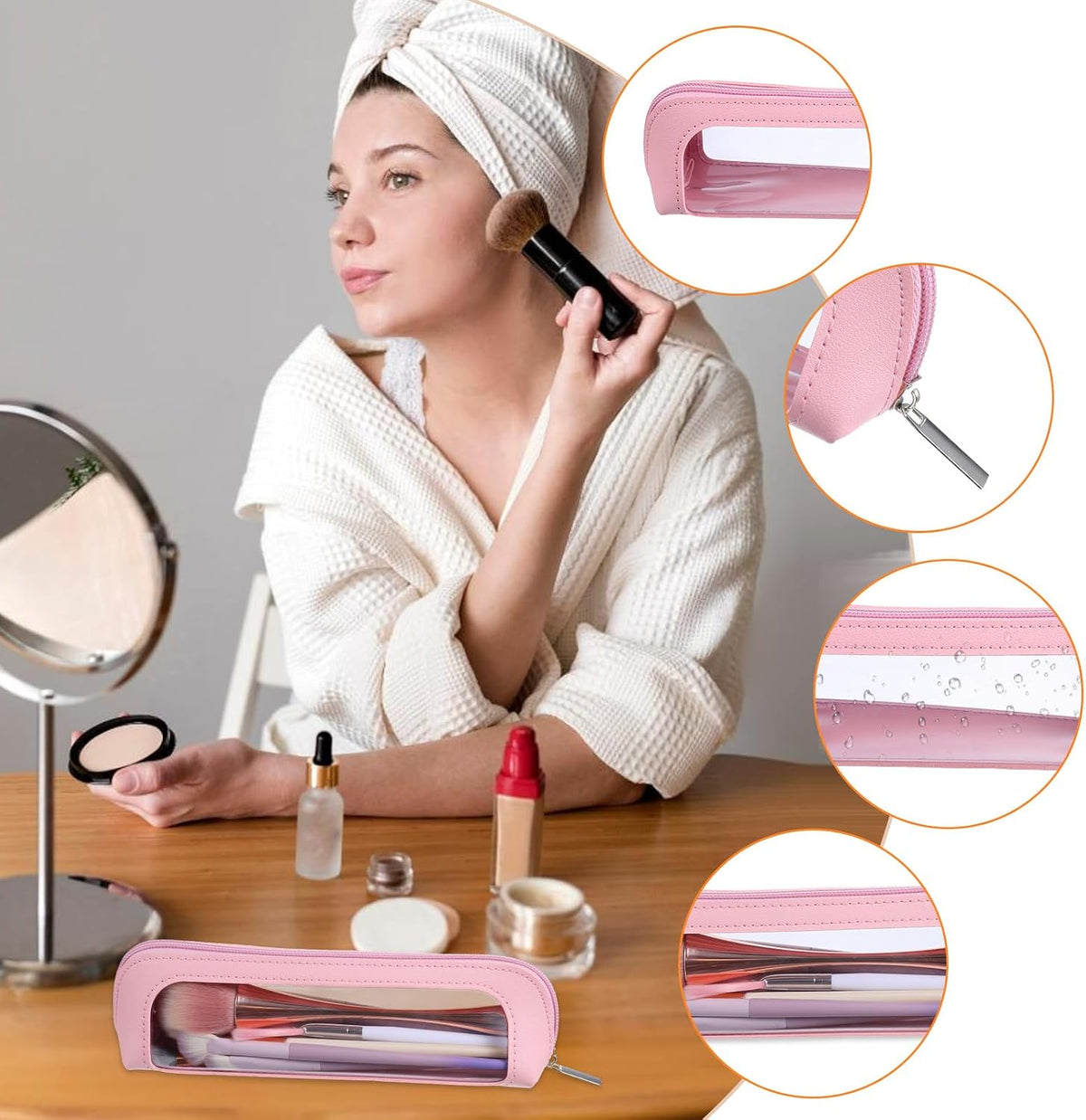 Small Clear Makeup Bag, PU Leather Travel Makeup Brush Bag Portable Transparent Waterproof Cosmetic Organizer Pouch with Zipper for Women Home Travel Office Cosmetic Storage (Pink)