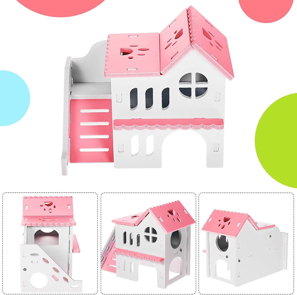 5 Pcs Hamster Toys Include Wooden Accessories Hamster House Guinea Pig Hideout Rainbow Bridge Seesaw Swing Exercise Circle Cage Toy for Small Animals(6.3 x 3.93 x 5.5 inch,Pink)