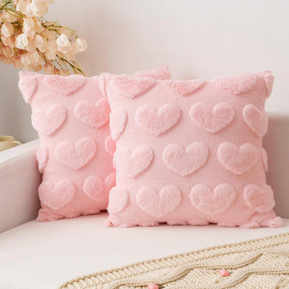 Valentines Day Pillow Covers 18x18 Inch Set of 2 Cute Heart Pattern Plush Jacquard Romantic Love Decorative Throw Pillow Pillowcases for Lover Girls Wedding Sofa Living Room Bed, Light Pink