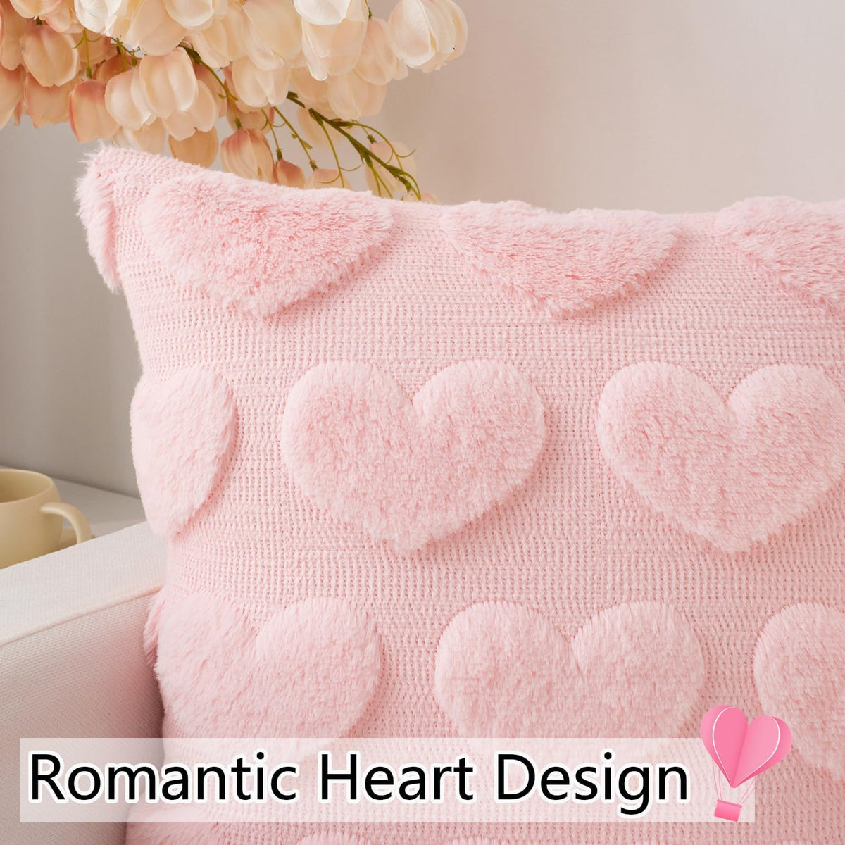 Valentines Day Pillow Covers 18x18 Inch Set of 2 Cute Heart Pattern Plush Jacquard Romantic Love Decorative Throw Pillow Pillowcases for Lover Girls Wedding Sofa Living Room Bed, Light Pink