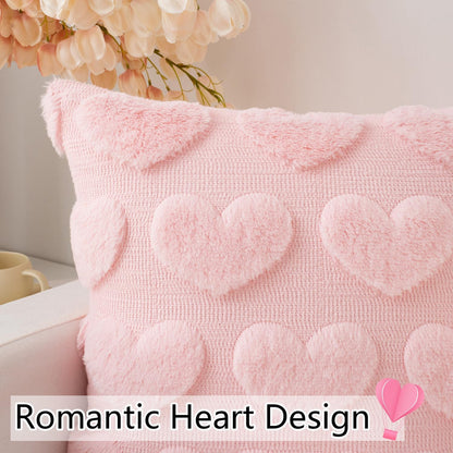 Valentines Day Pillow Covers 18x18 Inch Set of 2 Cute Heart Pattern Plush Jacquard Romantic Love Decorative Throw Pillow Pillowcases for Lover Girls Wedding Sofa Living Room Bed, Light Pink